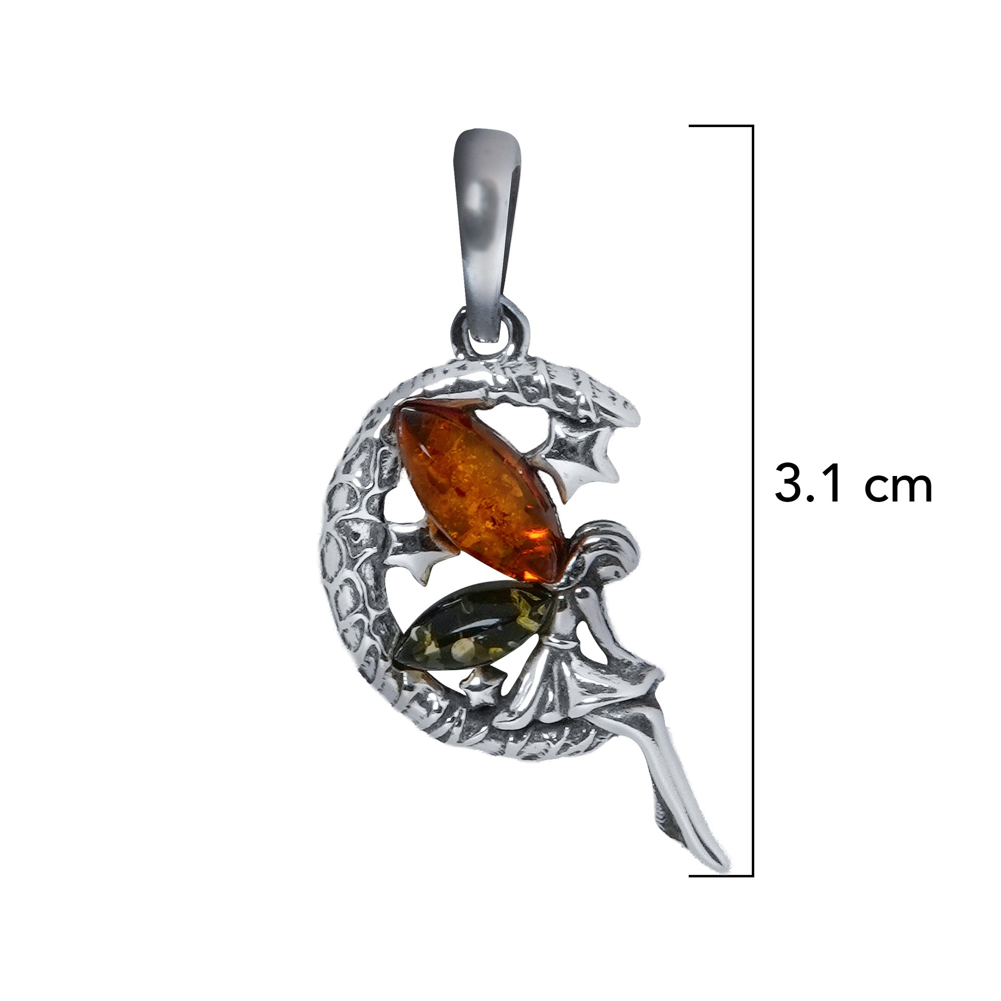 Dije Hada en la Luna 3.1 cm Ambar Polaco Naranja y Verde, Plata .925