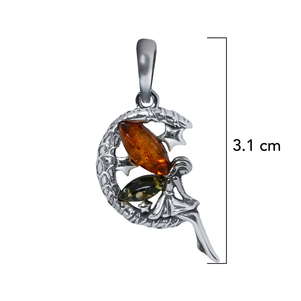 Dije Hada en la Luna 3.1 cm Ambar Polaco Naranja y Verde, Plata .925