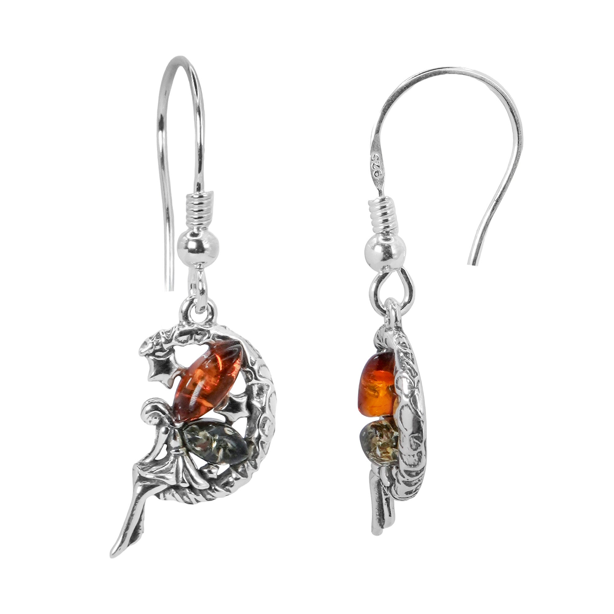 Aretes Hada en la Luna 3.6 cm Ambar Polaco Naranja y Verde Plata .925
