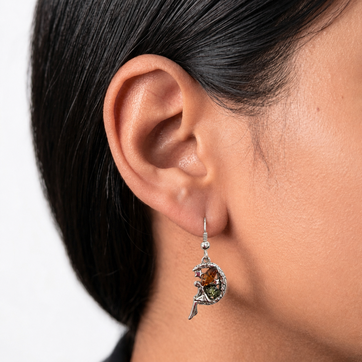 Aretes Hada en la Luna 3.6 cm Ambar Polaco Naranja y Verde Plata .925