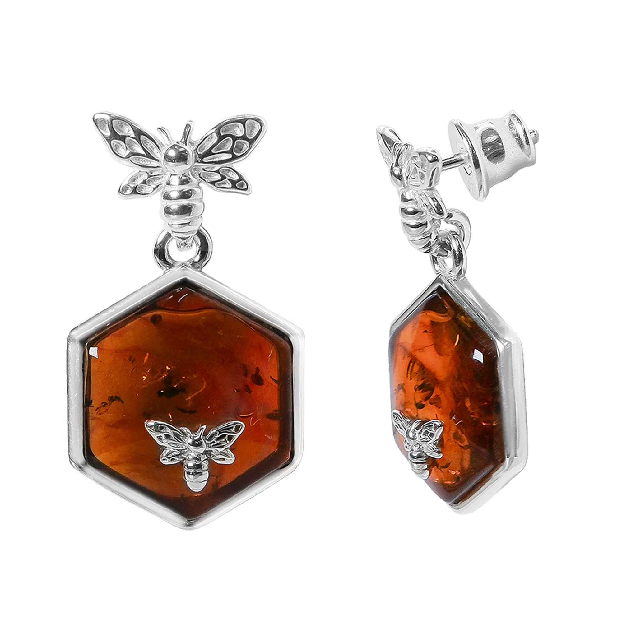 Aretes Abejitas Doble 2.5 cm Ambar Polaco Plata .925