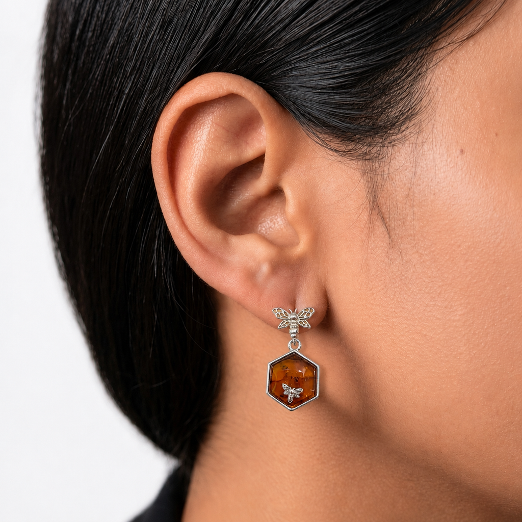 Aretes Abejitas Doble 2.5 cm Ambar Polaco Plata .925