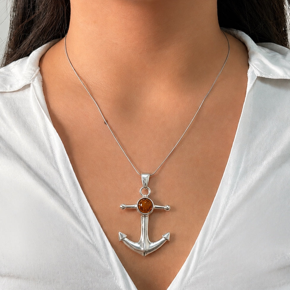 Dije Ancla Unisex con Piedra Ámbar Polaco,  Plata .925