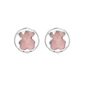 Aretes Osos 1.1 con Círculo Liso Alrededor, Piedra Cuarzo Rosa. Plata 925 con Baño de Rodio