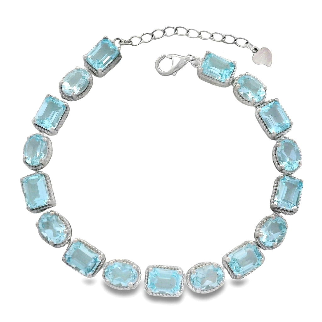 Pulsera Piedras Preciosas Cuadro y Óvalo Aguamarina Azul, Plata .925 con Baño de Rodio. Broche perico 17 cm más extensión a 21 cm