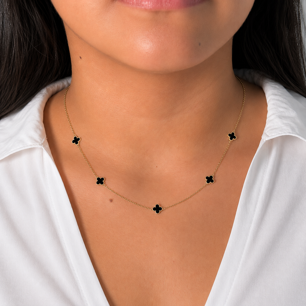 Collar 5 Flores Inspirado Van C Onix Oro 10K