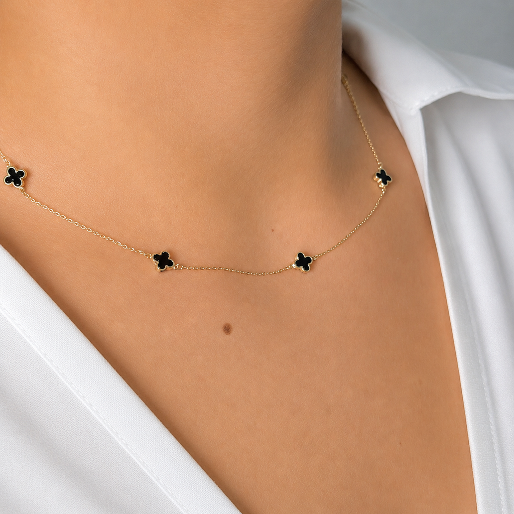 Collar 5 Flores Inspirado Van C Onix Oro 10K