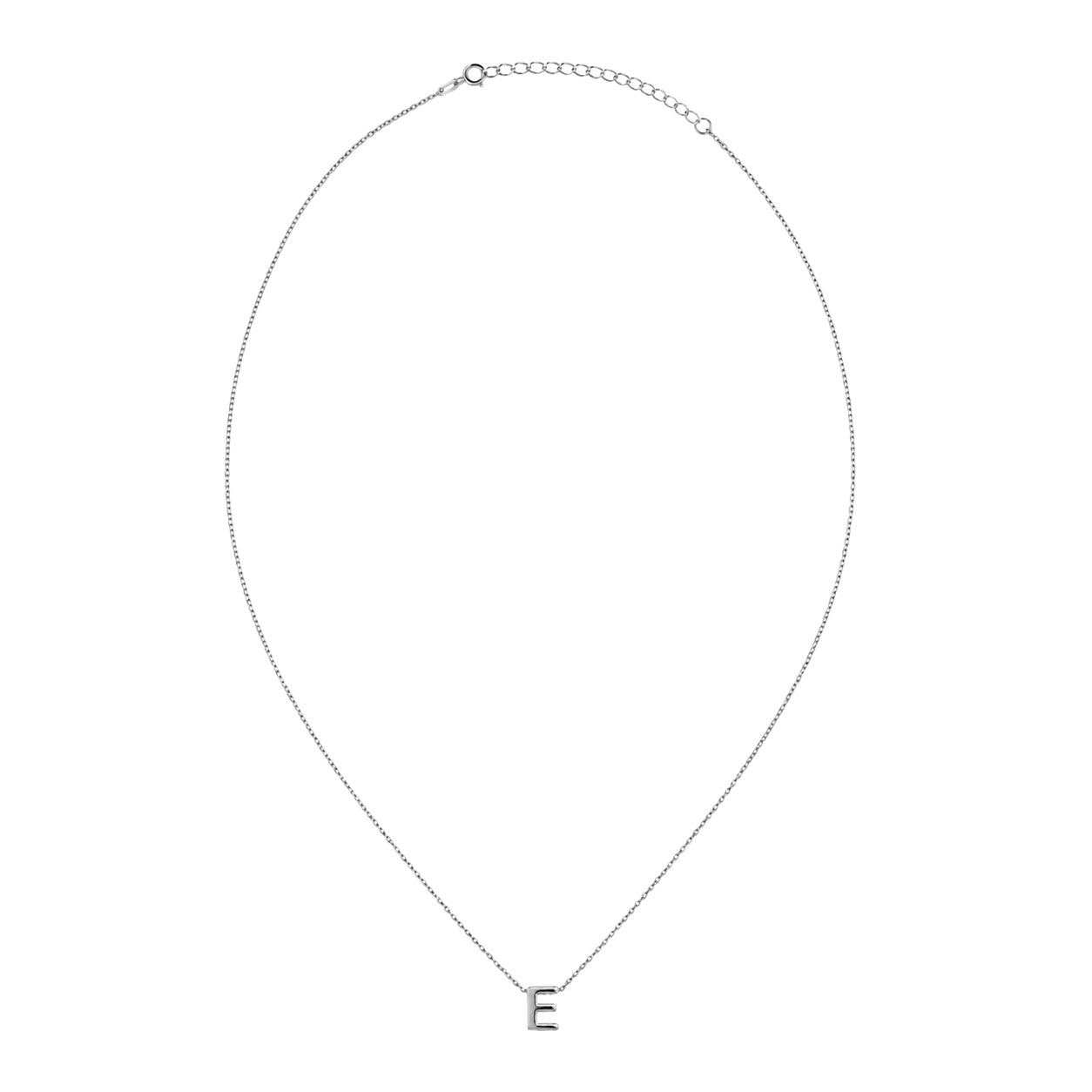 Collar Letra E Plata .925 con Baño de Rodio