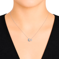 Collar 2 Dijes Estrella con Micro Circonias y Luna Lisa Plata .925 con Baño de Rodio