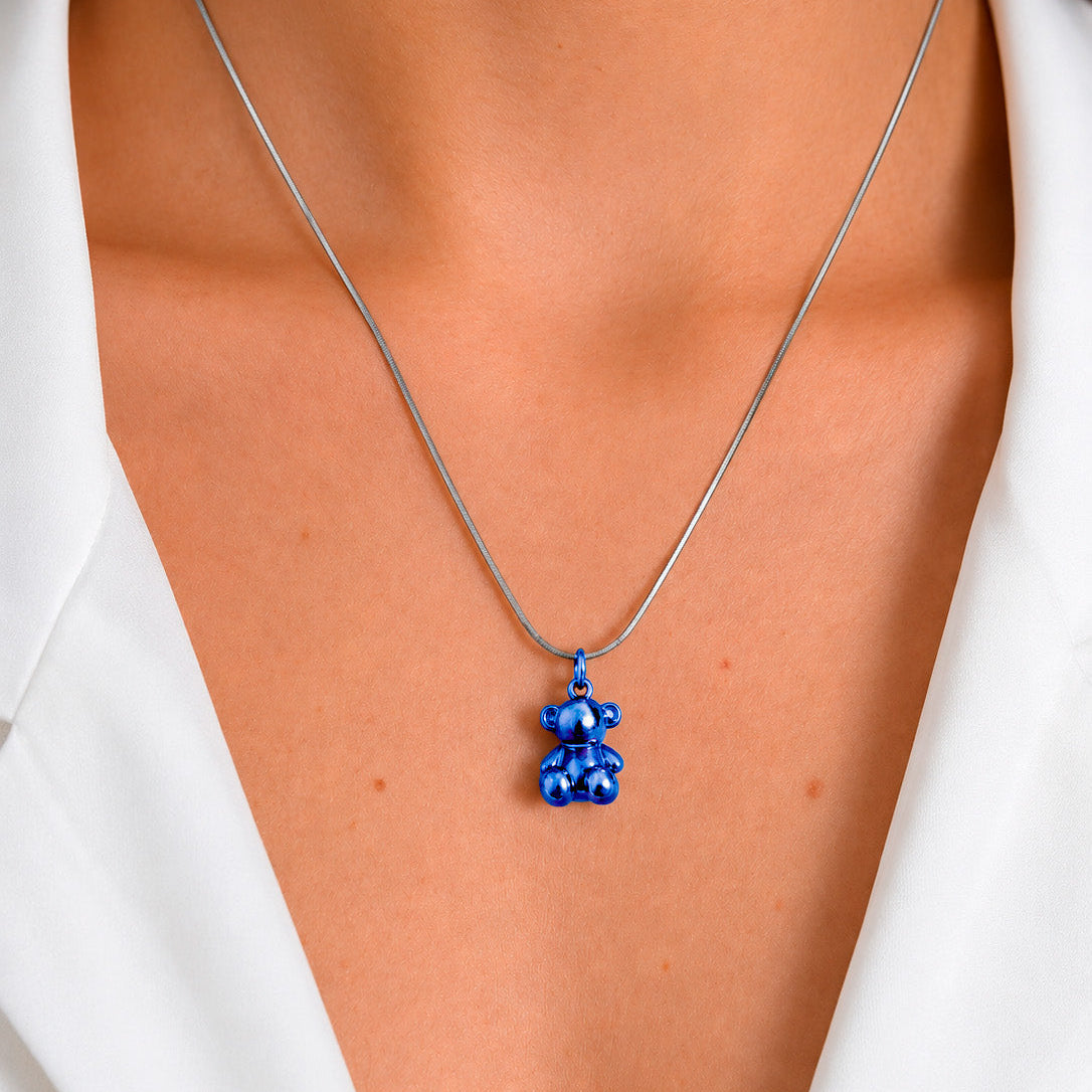 Dije Oso 1:1 Bombeado Macizo Bañado en Esmalte Azul Eléctrico, Plata 925