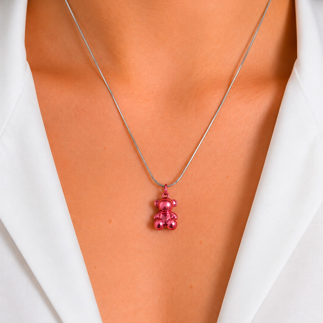 Dije Oso 1:1 Bombeado Macizo Bañado en Esmalte Rosa, Plata 925