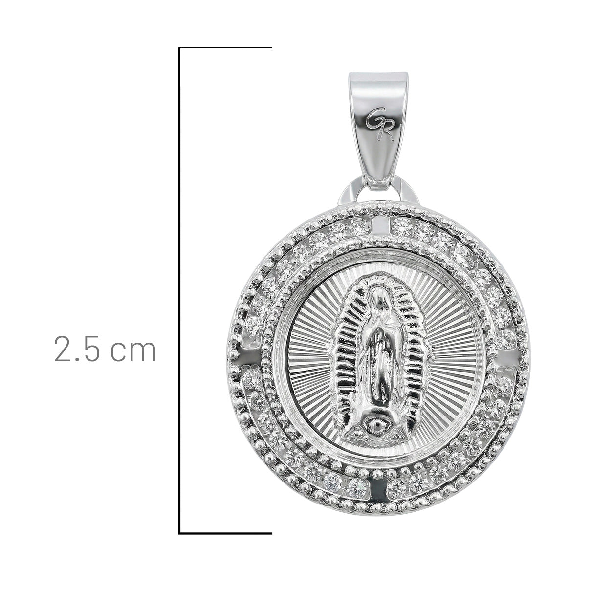 Dije Medalla Redonda de la Virgen de Guadalupe con Circonias Plata .925