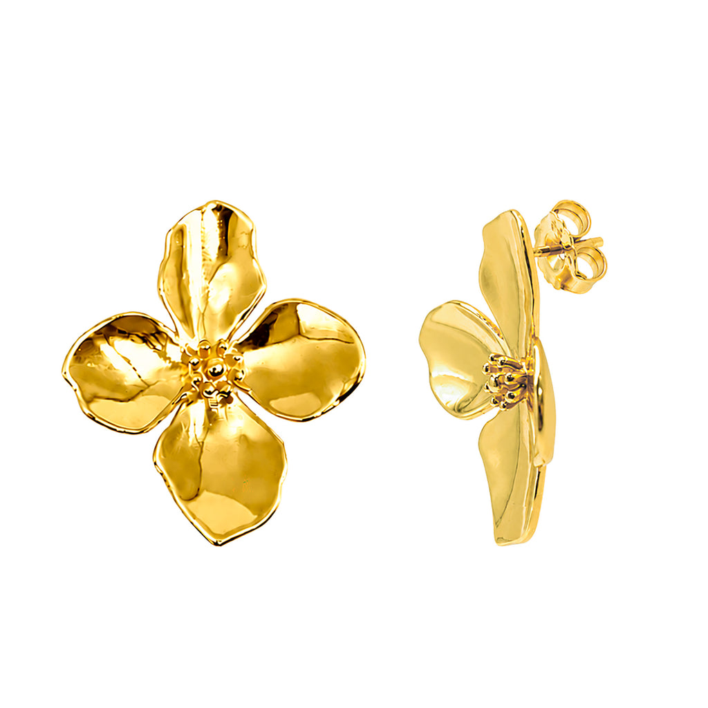 Arete  Flor Hibiscus 4 Pétalos Colección Florecer Plata .925 con Baño de Oro 18k
