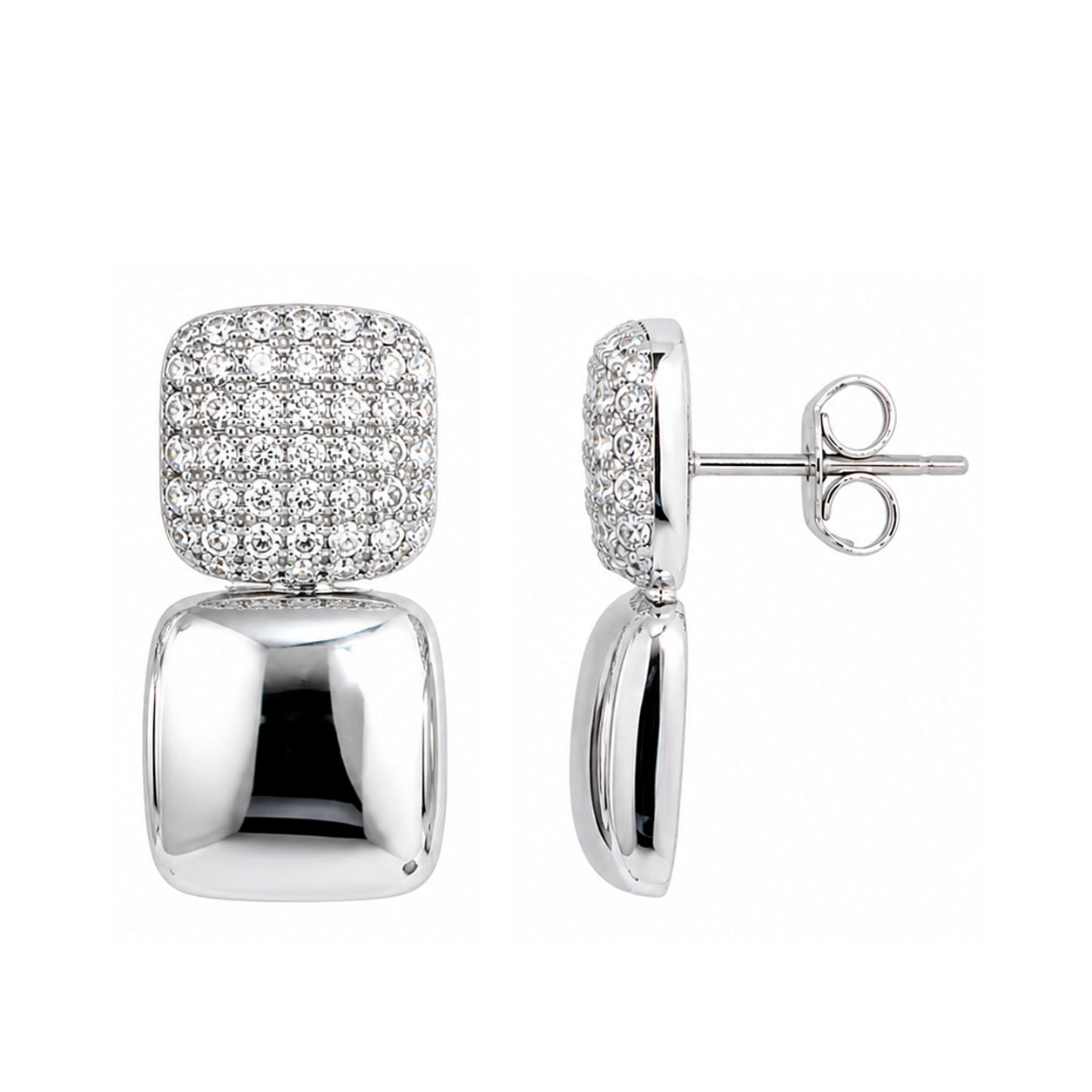 Aretes Glamour cuadrados con Circonias, Plata .925 con Baño de Rodio
