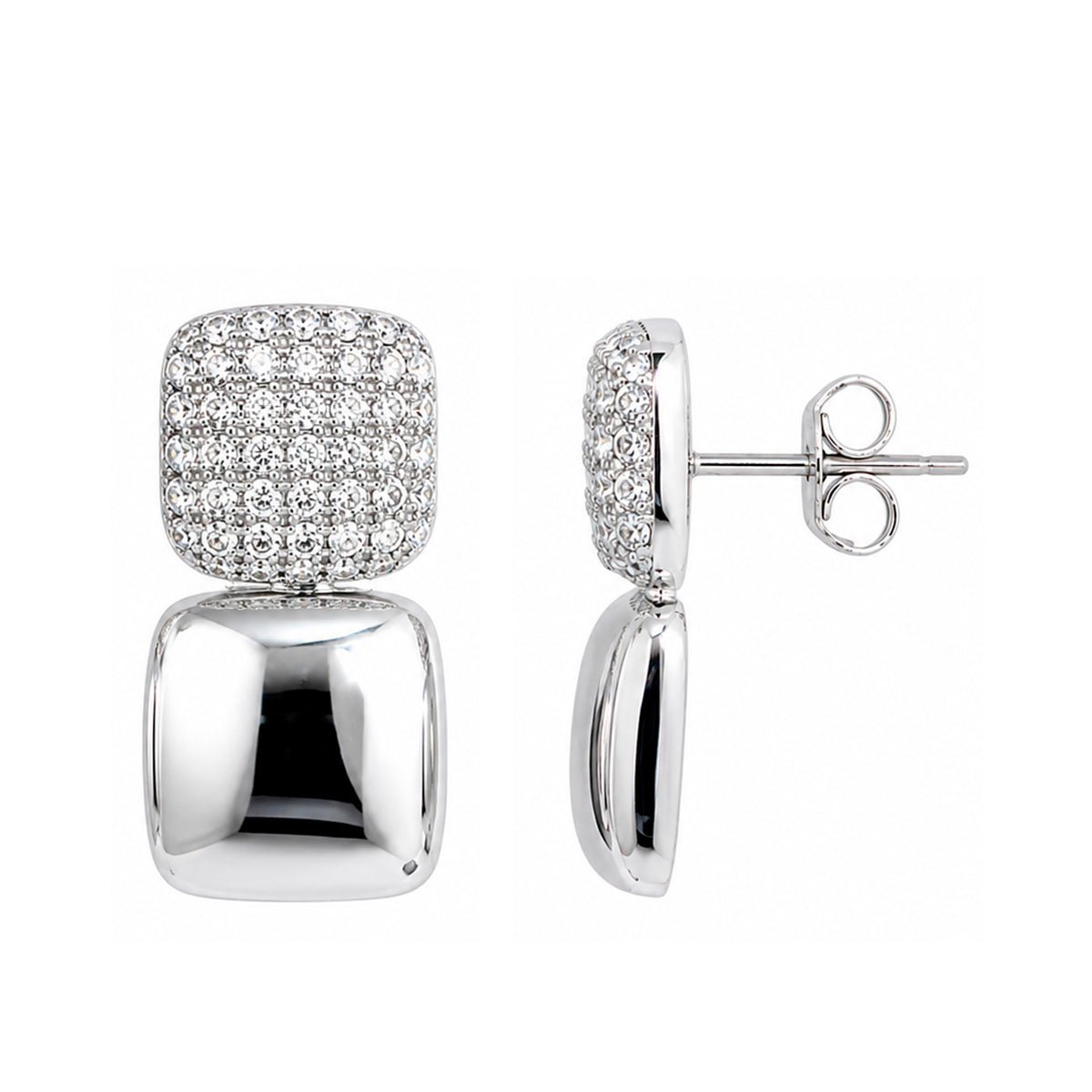 Aretes Glamour cuadrados con Circonias, Plata .925 con Baño de Rodio