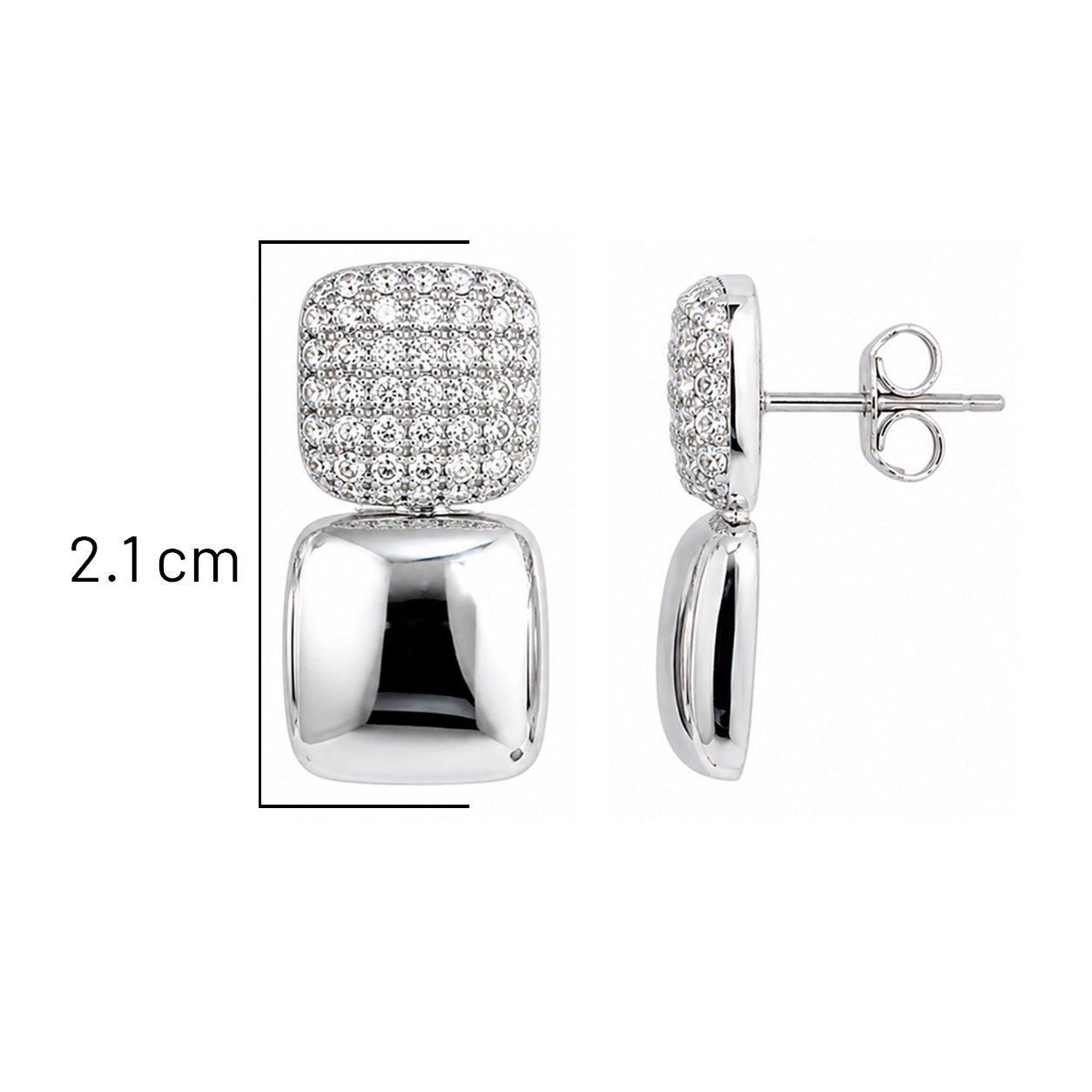 Aretes Glamour cuadrados con Circonias, Plata .925 con Baño de Rodio