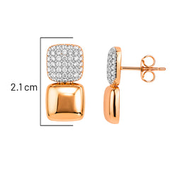 Aretes Glamour Cuadrados con Circonias, Plata .925 con Baño de Oro Cobrizo 18k