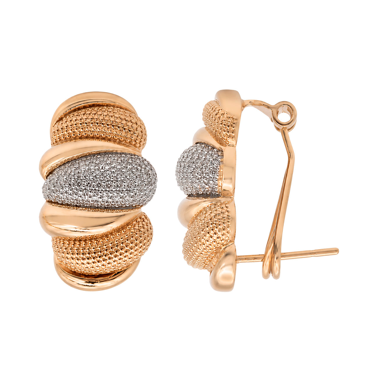 Aretes Glamour formas ovaladas con Circonias, Plata .925 con Baño de Oro Cobrizo 18k