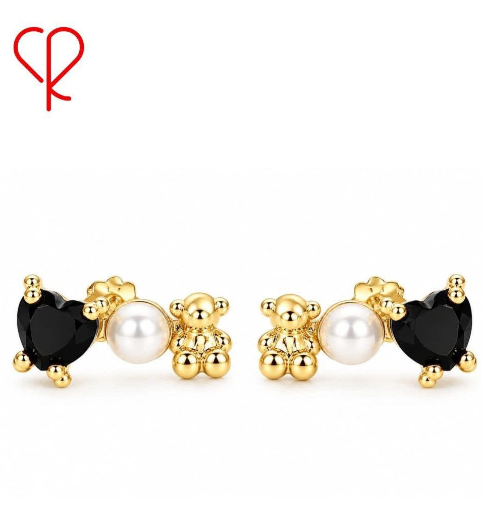 Broquel Inspirado Osos 1.1 Onix, Perla Plata .925 con Baño de Oro 18k