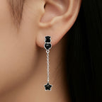 Arete Largos Osos 1.1 Con Corazón y Estrellas Piedra Onix, Plata 925 Con Baño de Rodio
