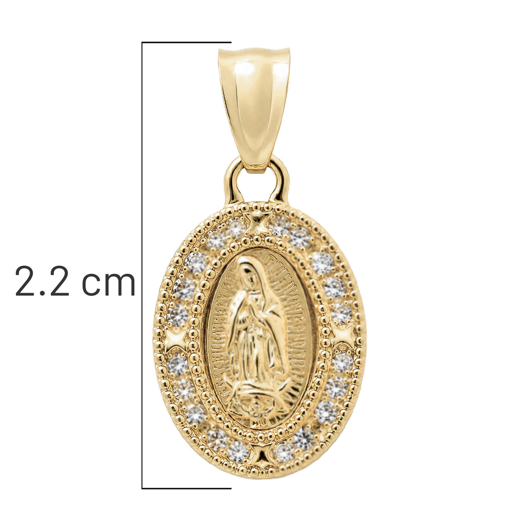Dije Medalla Ovalada de la Virgen de 2.2 cm con Micro Circonias Oro 10K