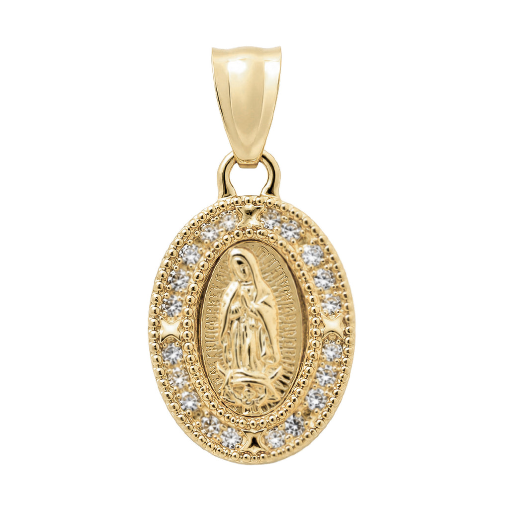 Dije Medalla Ovalada de la Virgen de 2.2 cm con Micro Circonias Oro 10K
