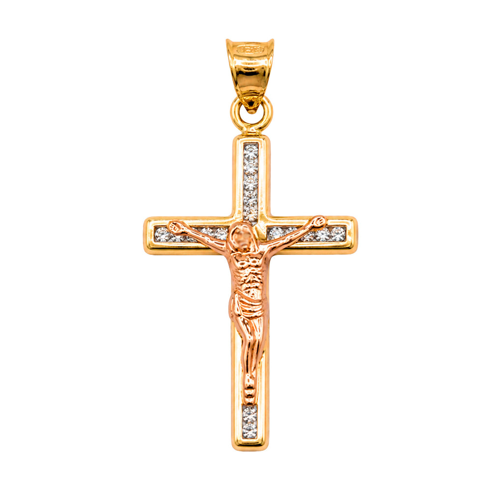 Dije Crucifijo Oro Rosa con Circonias de 3.3cm Oro 10K