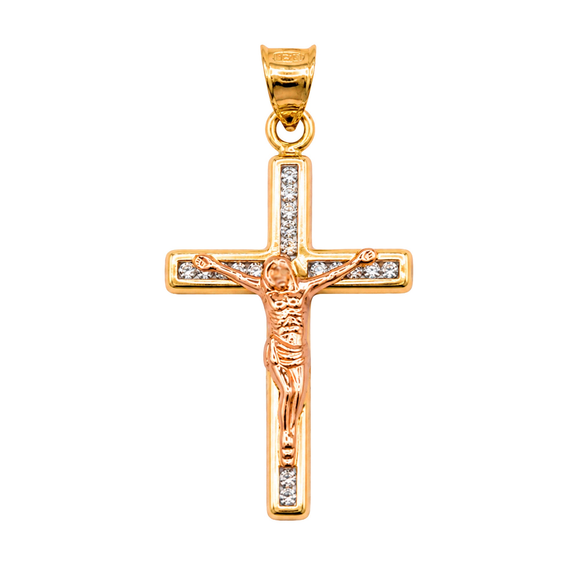 Dije Crucifijo Oro Rosa con Circonias de 3.3cm Oro 10K