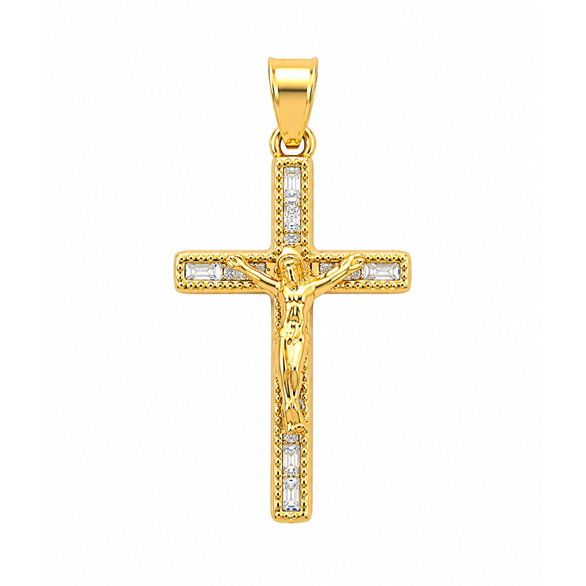 Dije Crucifijo con Circonias de 3.2 cm Cristo Dorado Grande Oro 10K