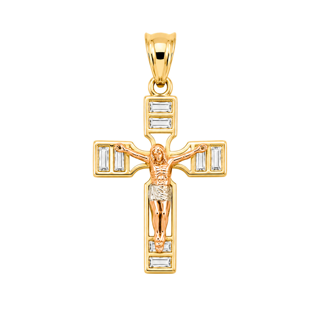 Dije Crucifijo 3 Oros: Oro Dorado, Oro Rosa y Oro Blanco con Circonias Oro 10K
