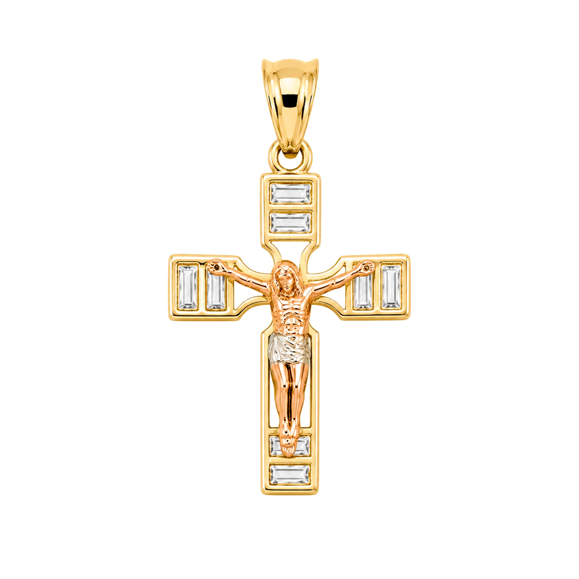Dije Crucifijo 3 Oros: Oro Dorado, Oro Rosa y Oro Blanco con Circonias Oro 10K