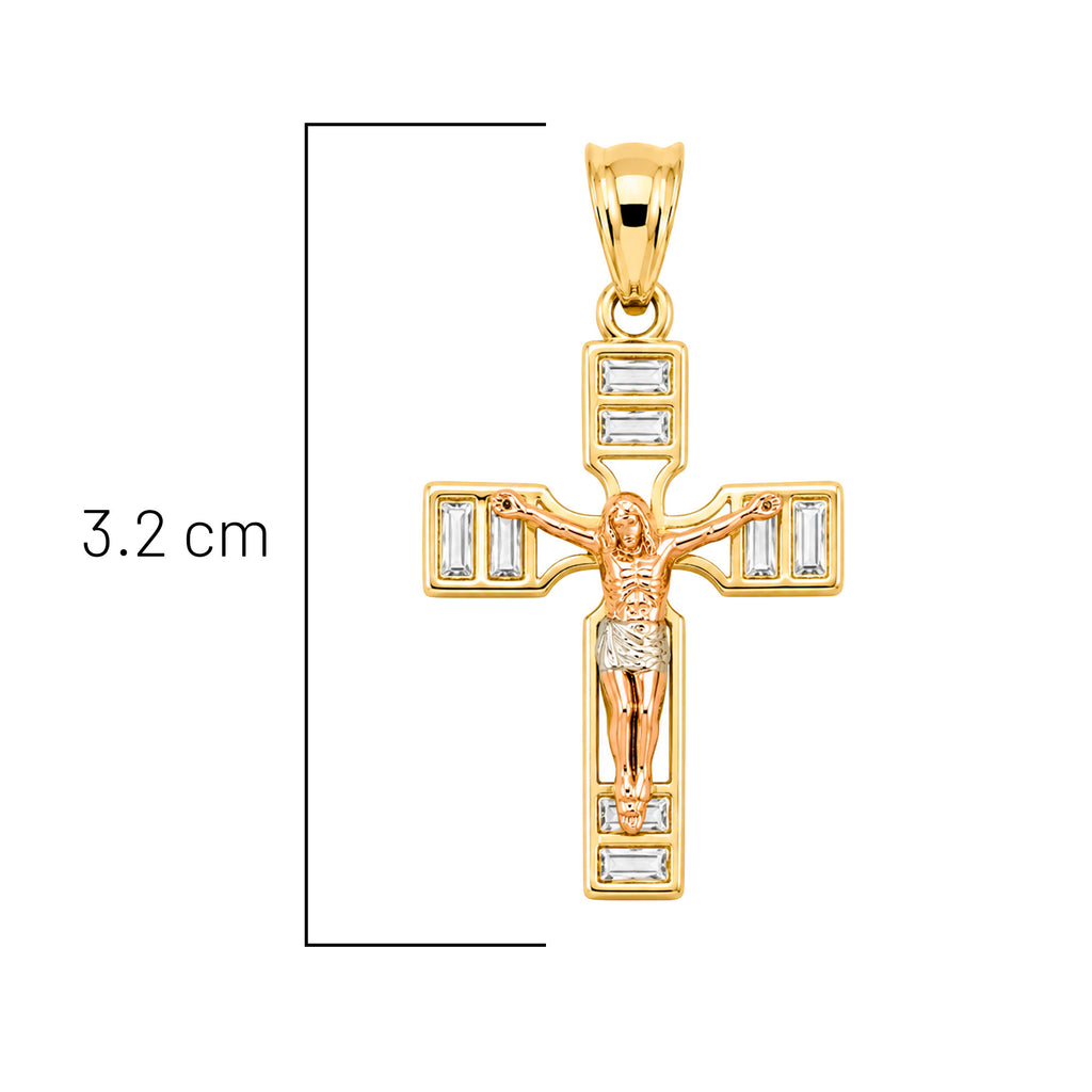 Dije Crucifijo 3 Oros: Oro Dorado, Oro Rosa y Oro Blanco con Circonias Oro 10K