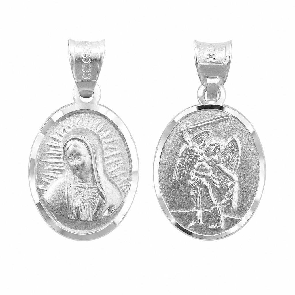 Dije Medalla Doble Vista Virgen Guadalupe y San Miguel Arcangel, Plata .925