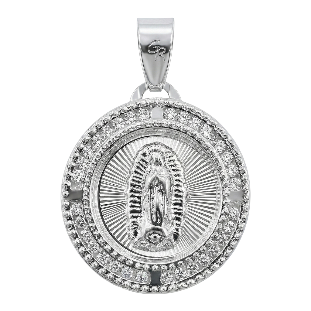 Dije Medalla Redonda de la Virgen de Guadalupe con Circonias Plata .925