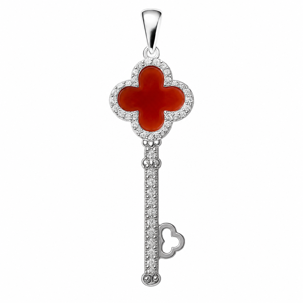 Dije Inspirado Van C en Forma Llave de 4.7cm Cornalina y Micro Circonias Plata .925 con Rodio