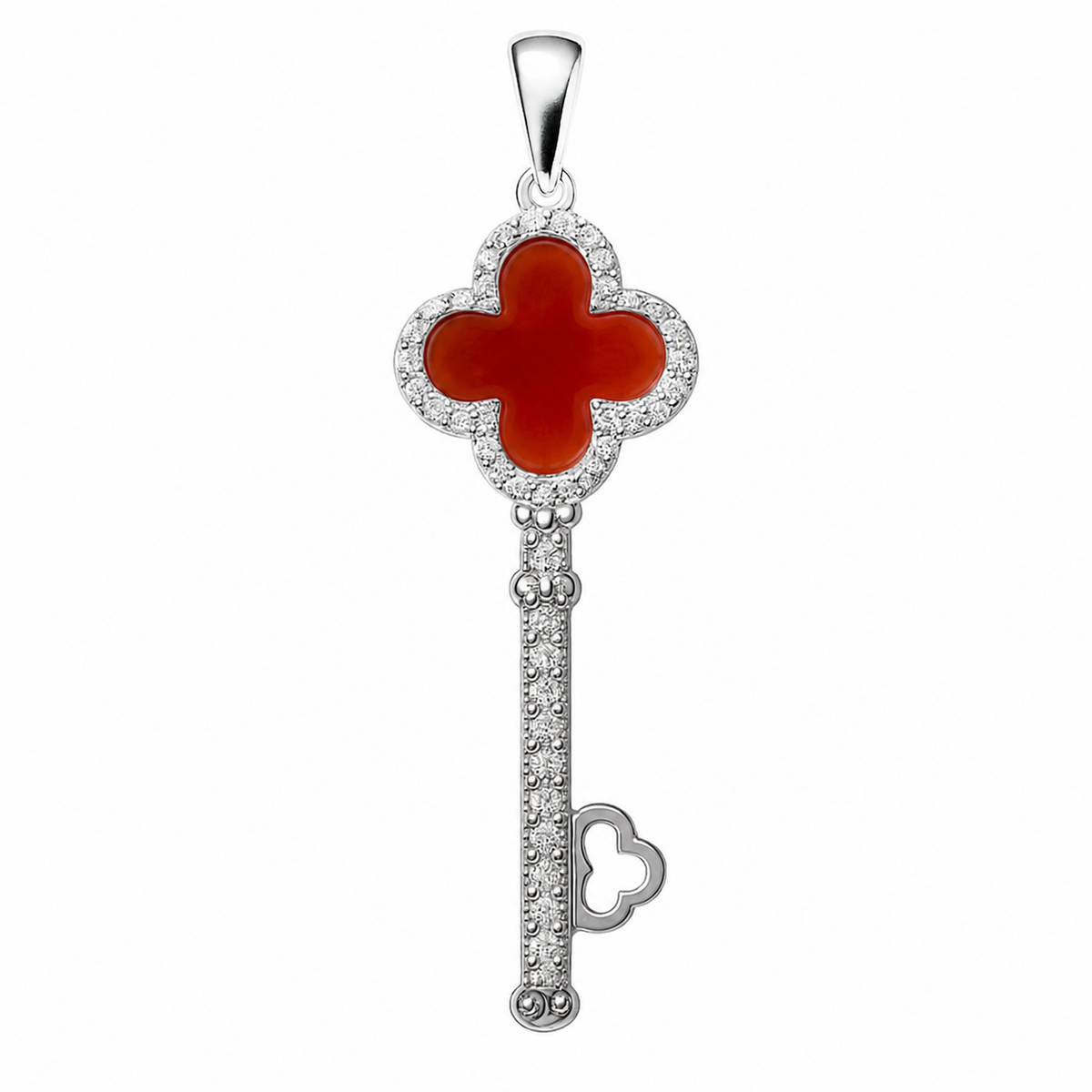 Dije Inspirado Van C en Forma Llave de 4.7cm Cornalina y Micro Circonias Plata .925 con Rodio