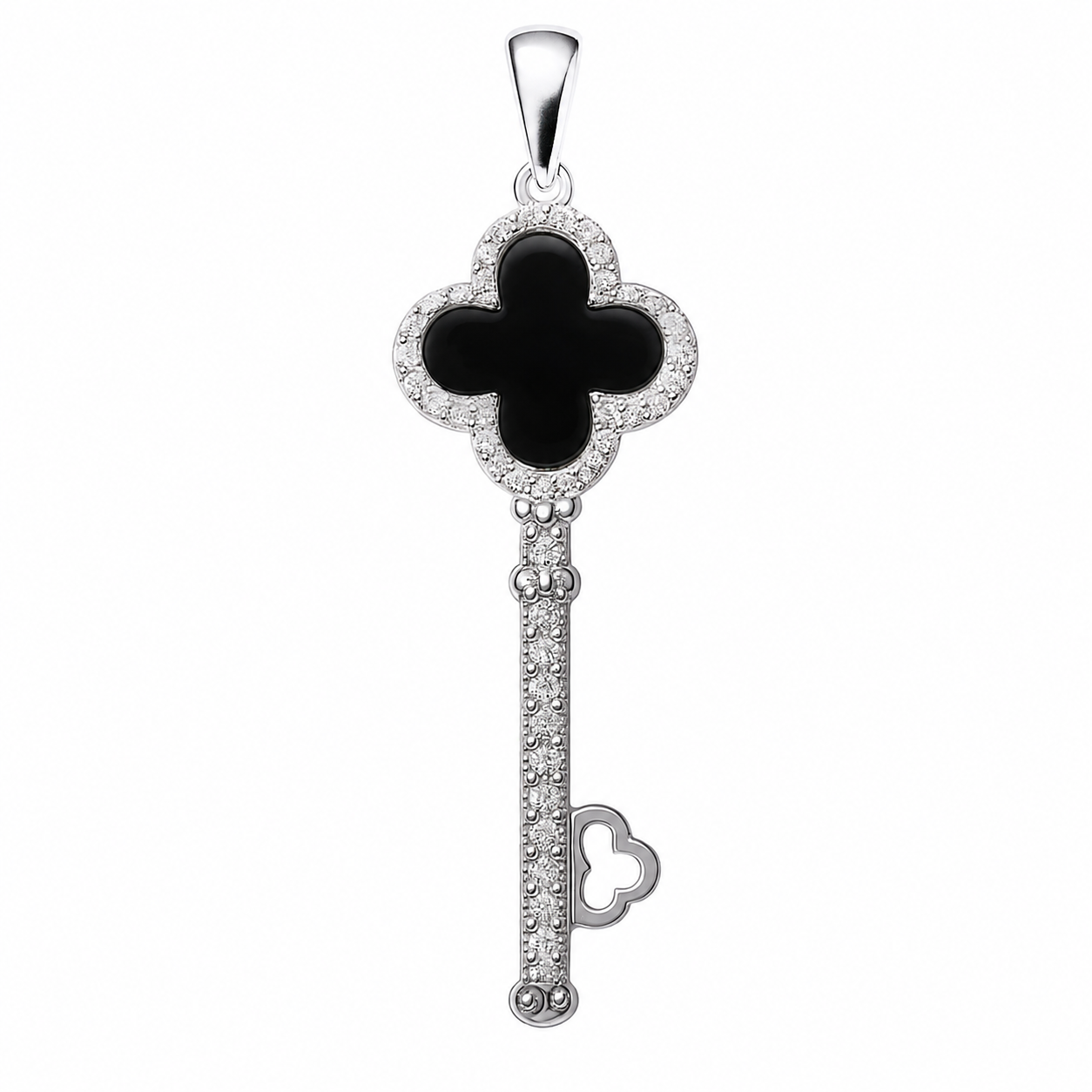 Dije Inspirado Van C en Forma Llave de 4.7cm Ónix y Micro Circonias Plata .925 con Rodio