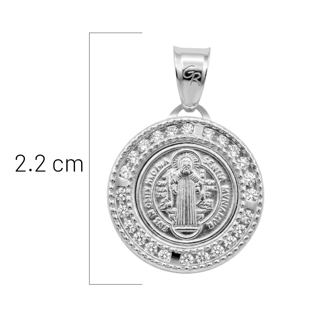 Dije Medalla de San Benito con Circonias de 2.2cm Plata .925