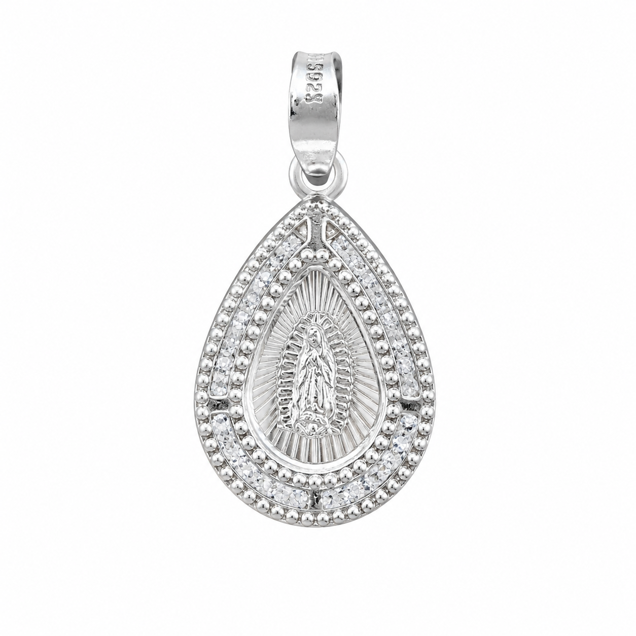 Dije Medalla en Forma de Gota de la Virgen de Guadalupe Con Circonias Plata.925