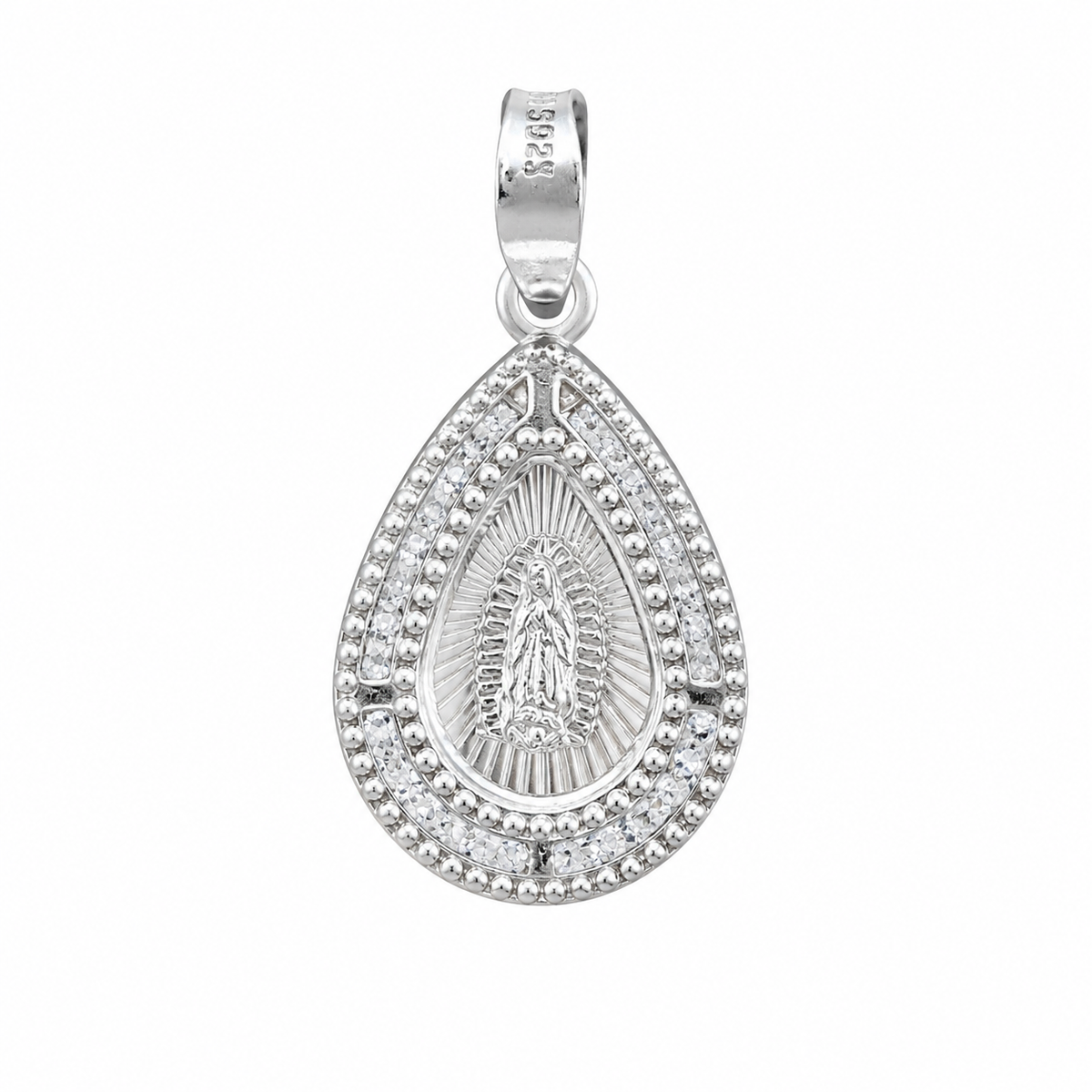 Dije Medalla en Forma de Gota de la Virgen de Guadalupe Con Circonias Plata.925