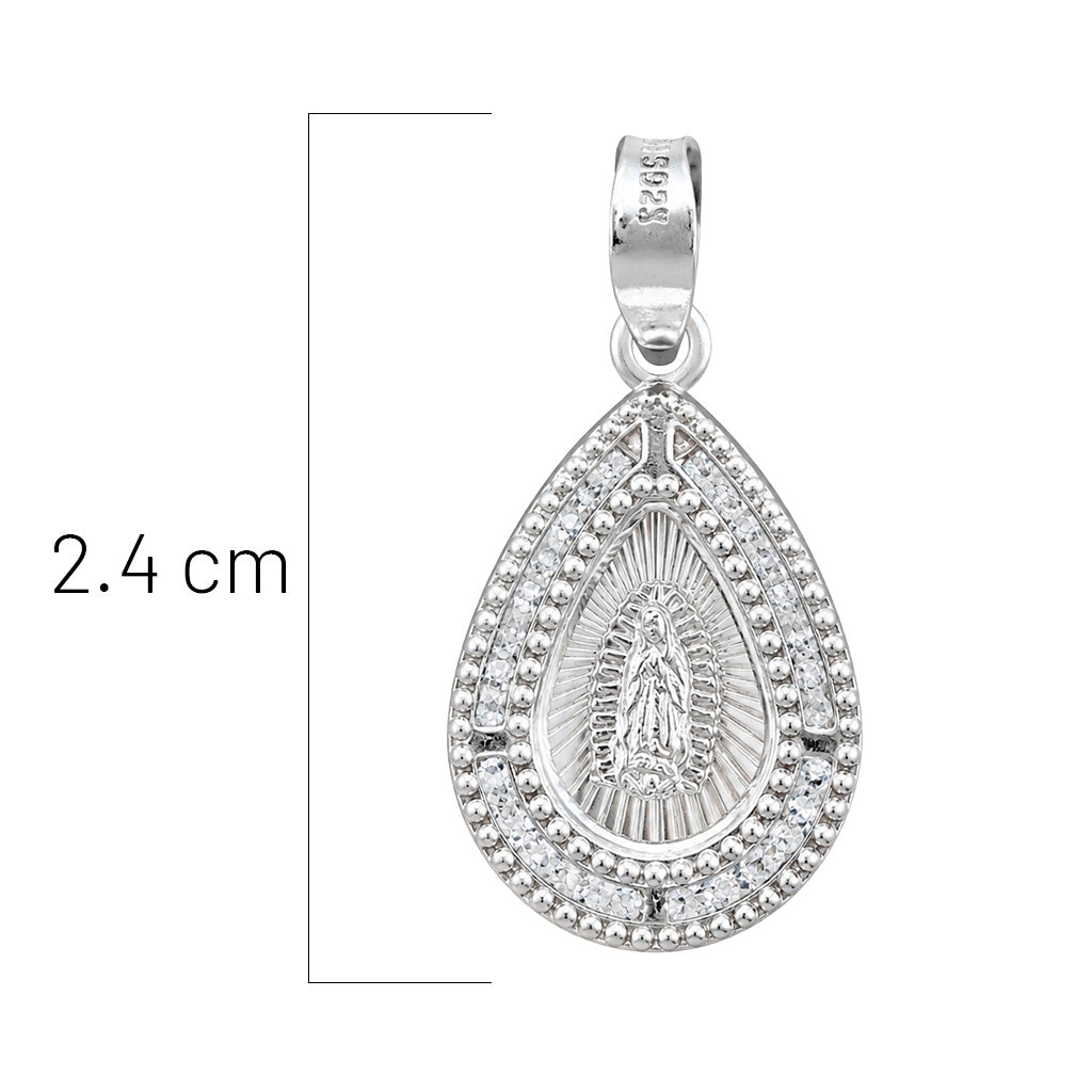 Dije Medalla en Forma de Gota de la Virgen de Guadalupe Con Circonias Plata.925