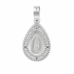 Dije Medalla en Forma de Gota de la Virgen de Guadalupe Con Circonias Plata.925