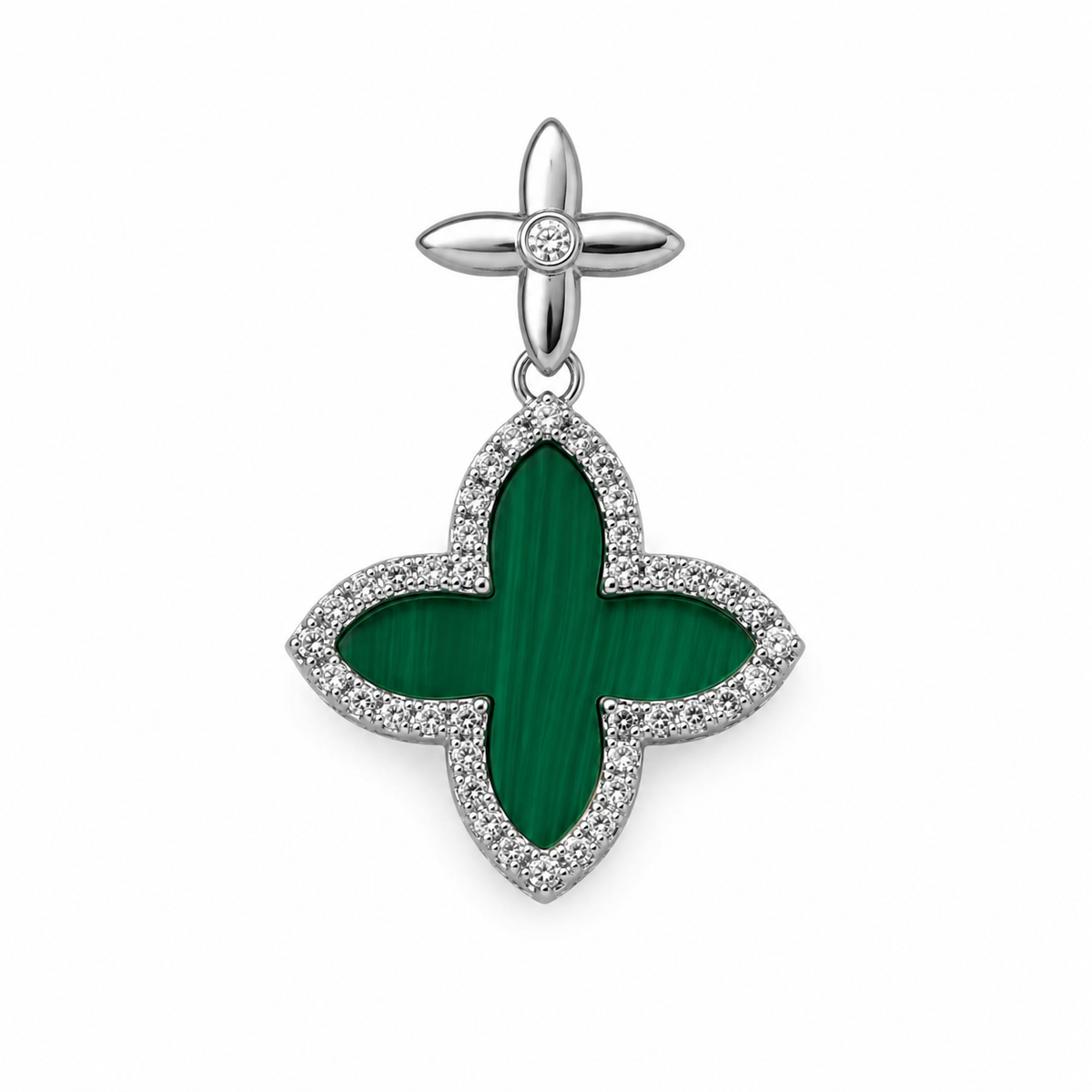 Dije Inspirado LV de 2.5cm Malaquita verde y Circonias Plata .925 con Baño de Rodio