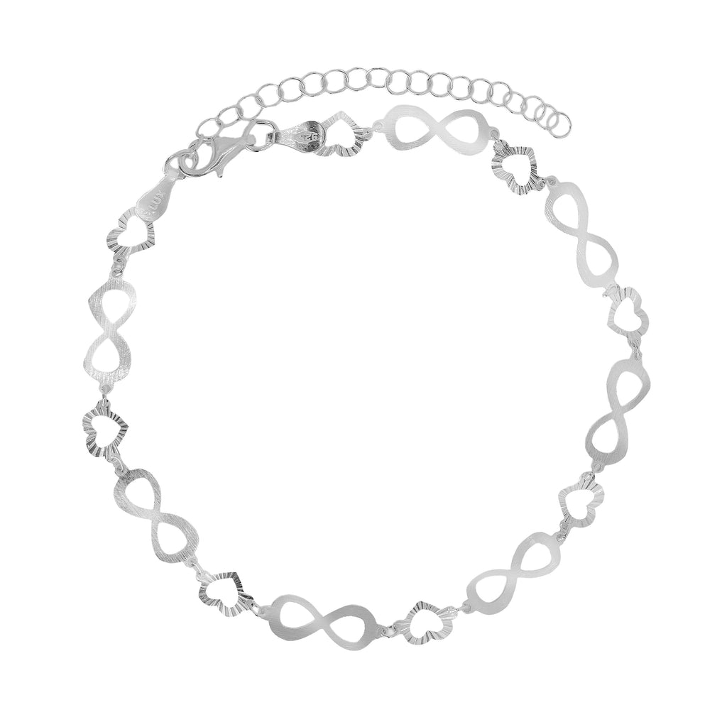 Tobillera Corazones Diamantados en Zigzag con Infinitos Lisos Plata .925