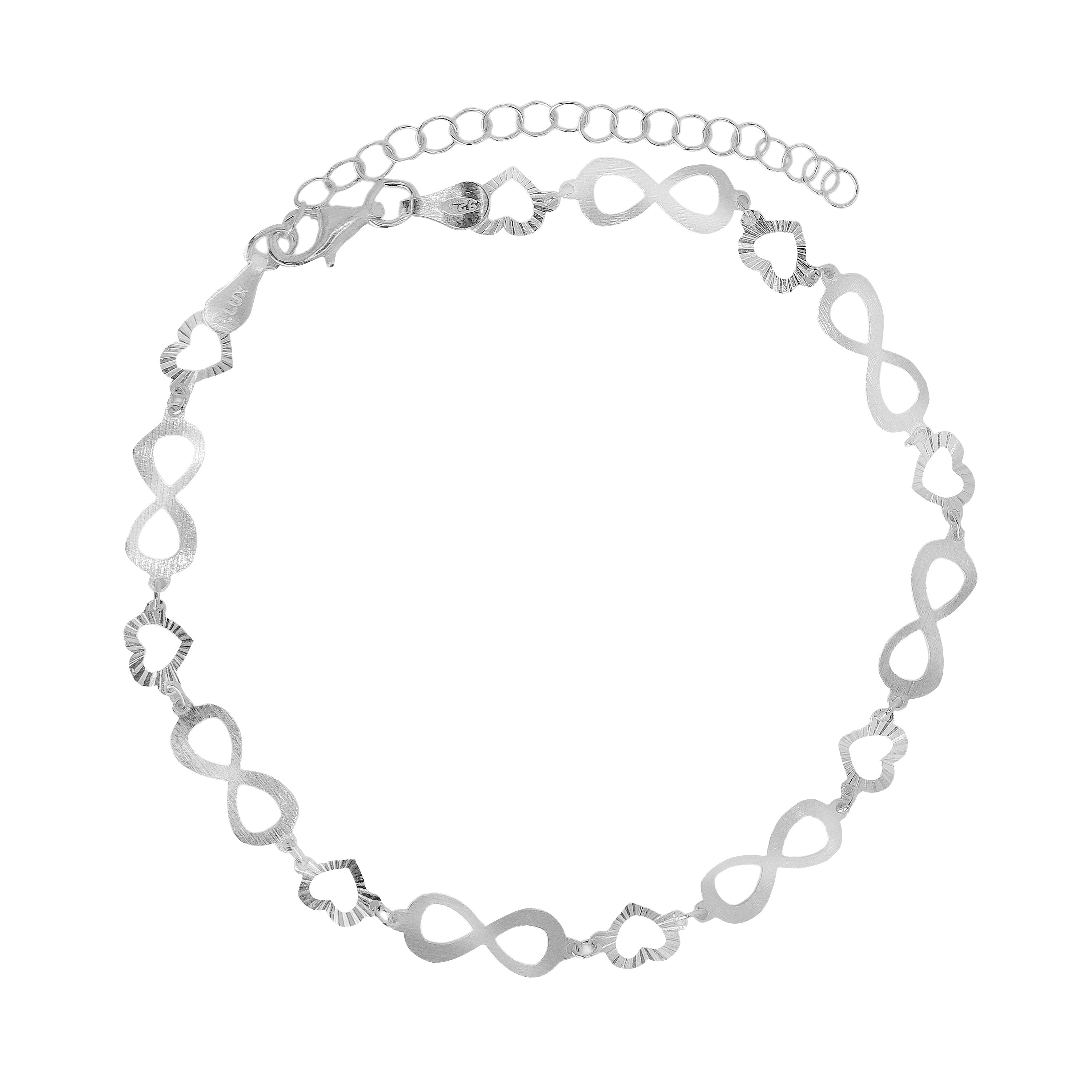 Tobillera Corazones Diamantados en Zigzag con Infinitos Lisos Plata .925