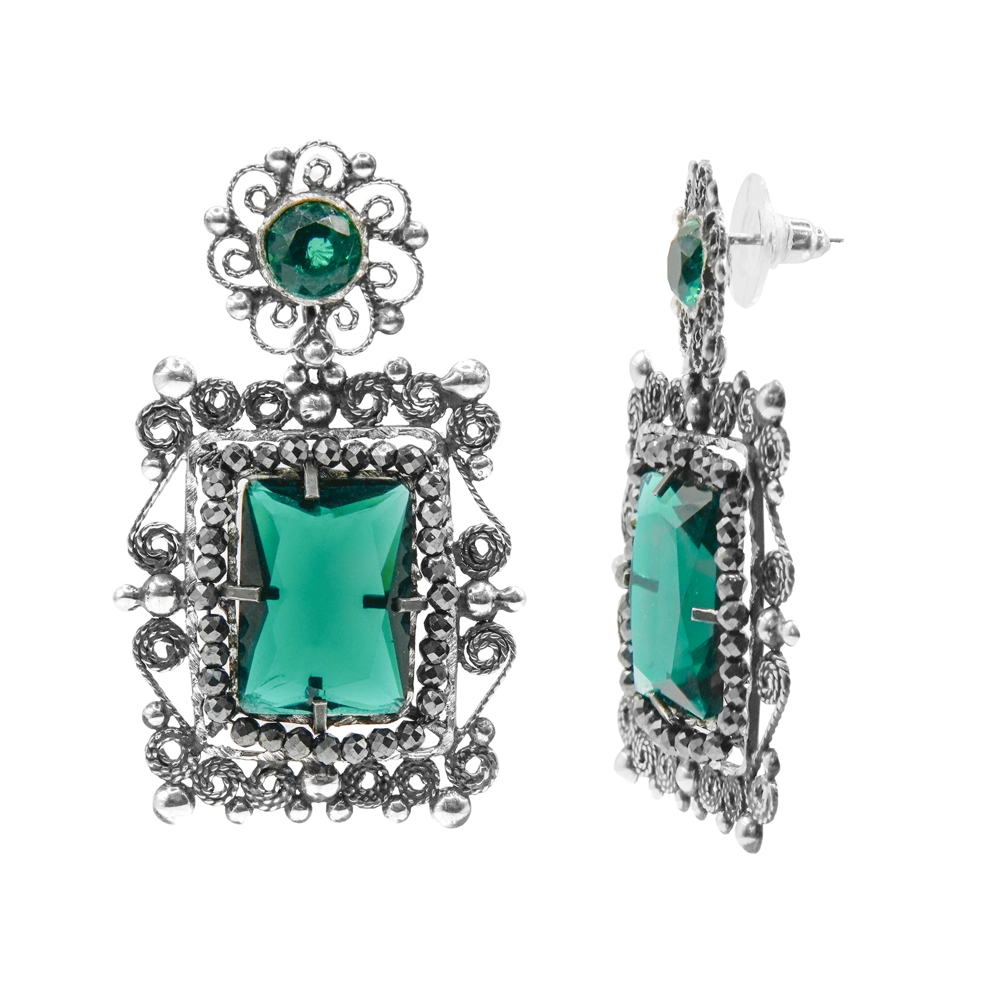 Aretes Filigrana Circonia Rectangular Hecho a Mano Plata .925 Oxidada