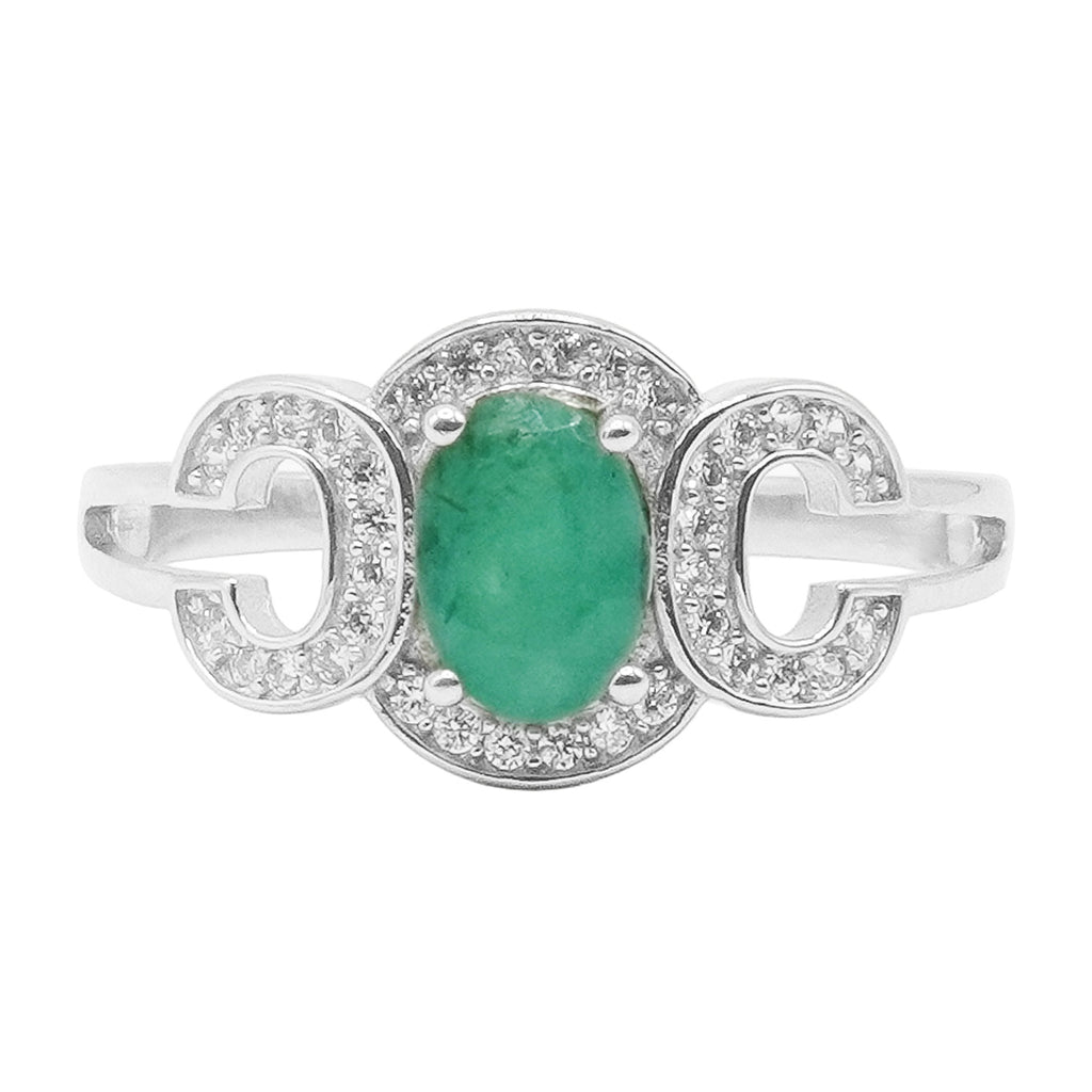 Anillo Piedras Preciosas Esmeralda con Circonias CC, Plata .925 con Baño de Rodio