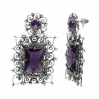 Aretes Filigrana Circonia Rectangular Morada Hecho a Mano Plata .925 Oxidada