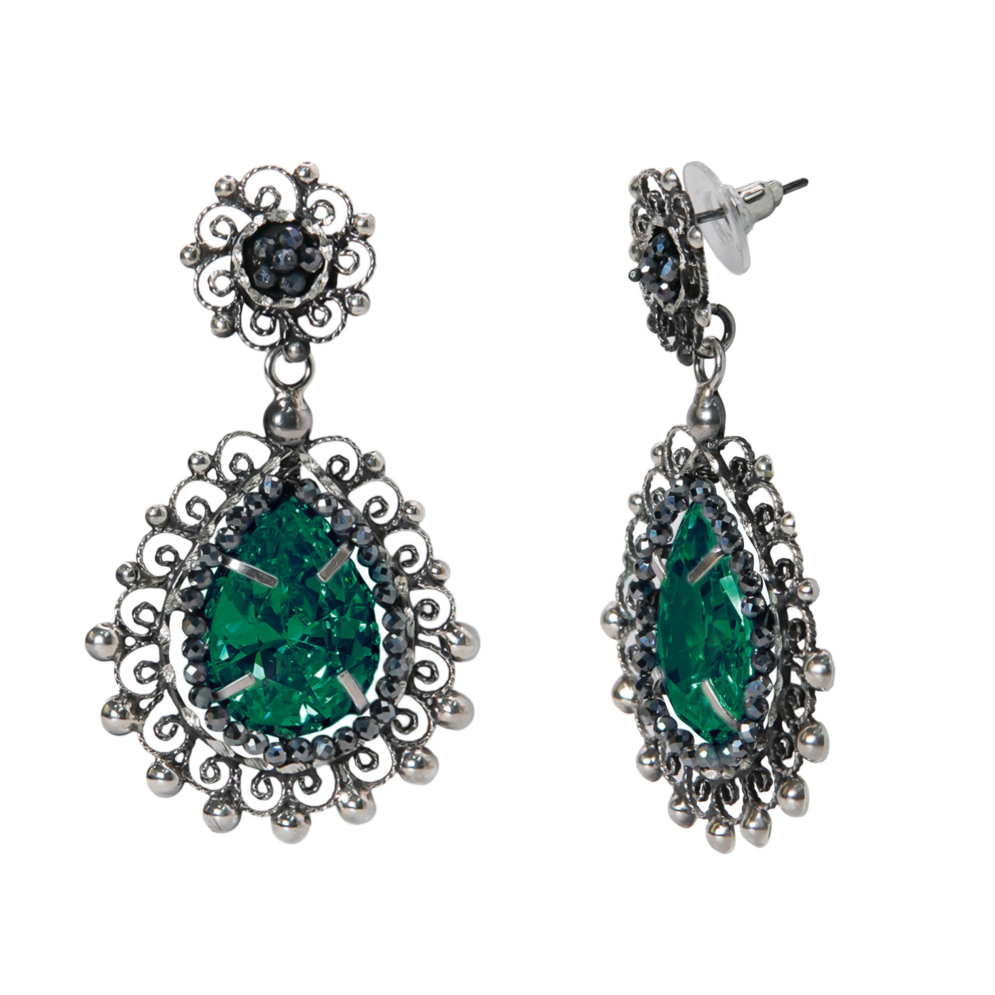 Aretes Filigrana 5 cm Gota y Circulo con Circonia Verde y Piedra Gris Hematite Hecho a Mano Plata .925 Oxidado (Copia) (Copia)
