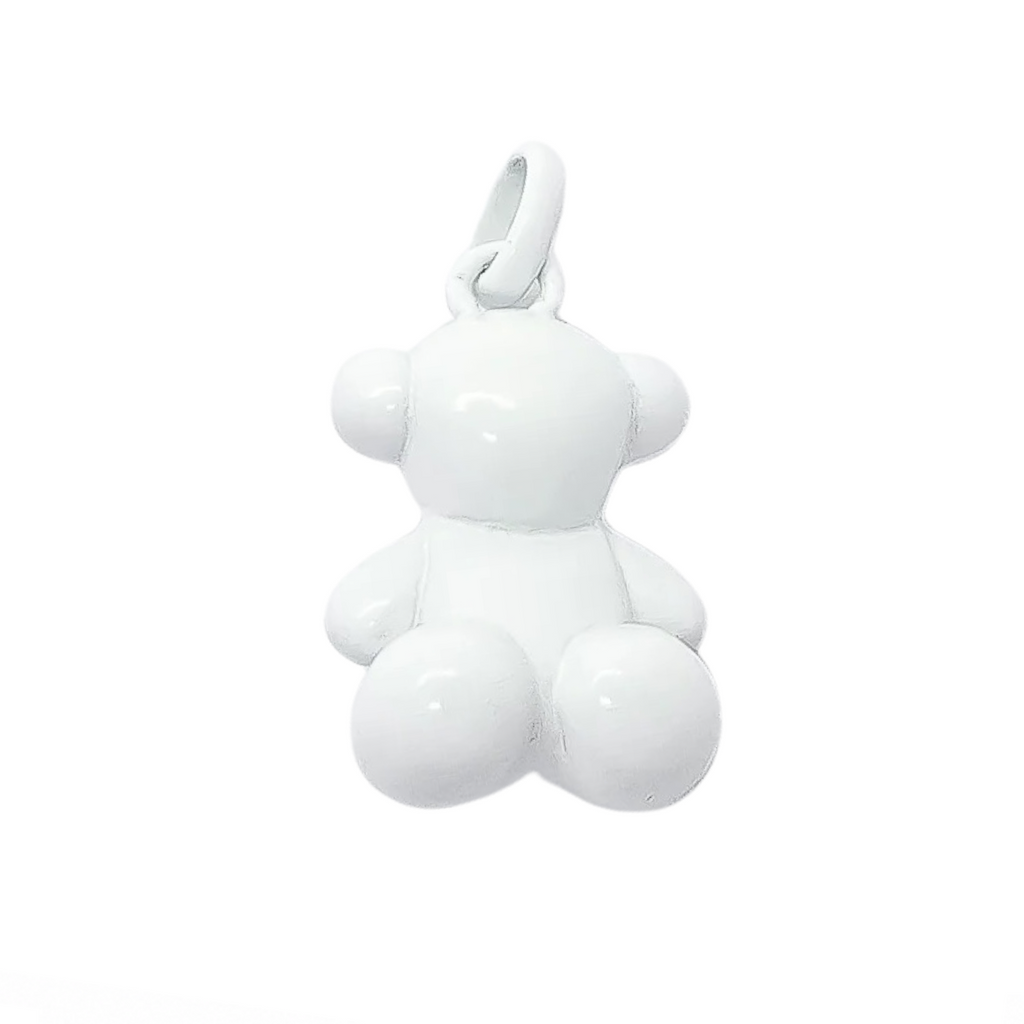 Dije Oso 1.1 Bombeado Macizo Bañado en Esmalte Blanco, Plata 925